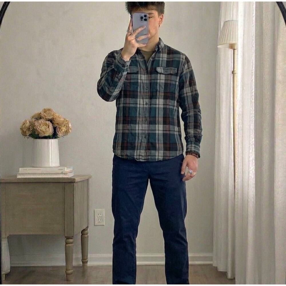 George Plaid Flannel Shirt Men's Medium 38-40 Blue Gray Red Long Sleeve